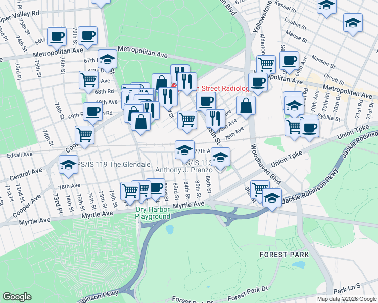 map of restaurants, bars, coffee shops, grocery stores, and more near 84-17 77th Avenue in Queens
