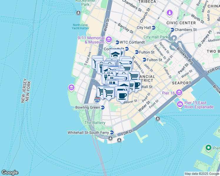 map of restaurants, bars, coffee shops, grocery stores, and more near 61 Canyon of Heroes in New York