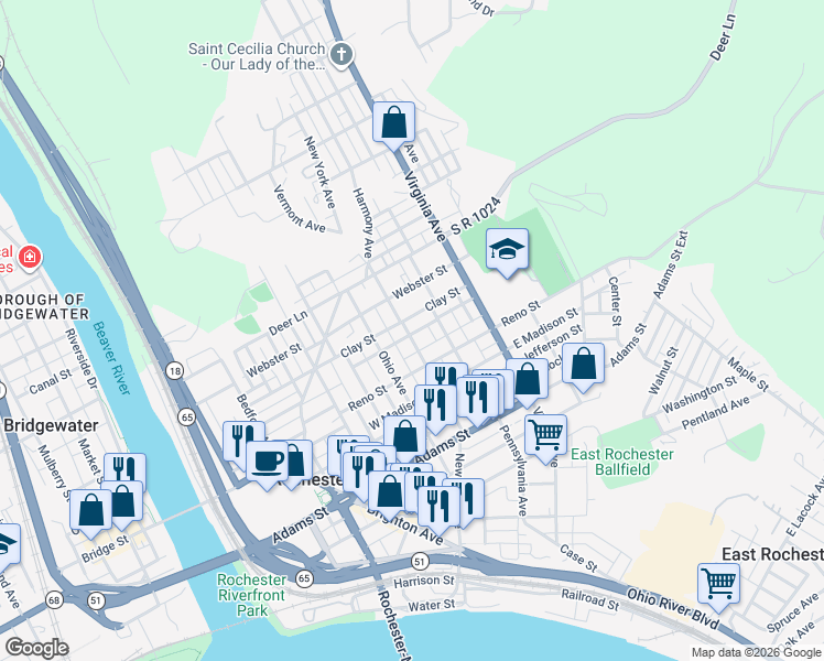 map of restaurants, bars, coffee shops, grocery stores, and more near 441 New York Avenue in Rochester