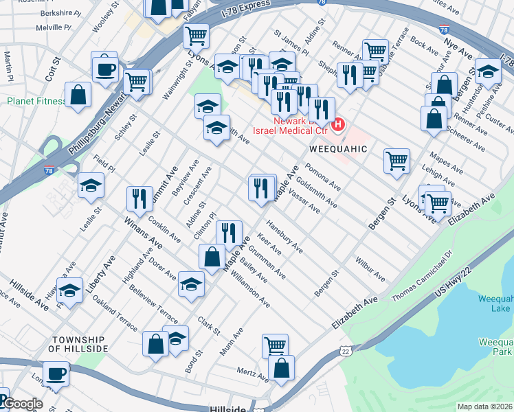 map of restaurants, bars, coffee shops, grocery stores, and more near 197 Chancellor Avenue in Newark