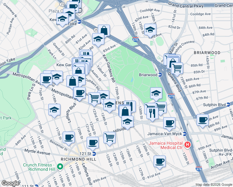 map of restaurants, bars, coffee shops, grocery stores, and more near 8438 126th Street in Queens