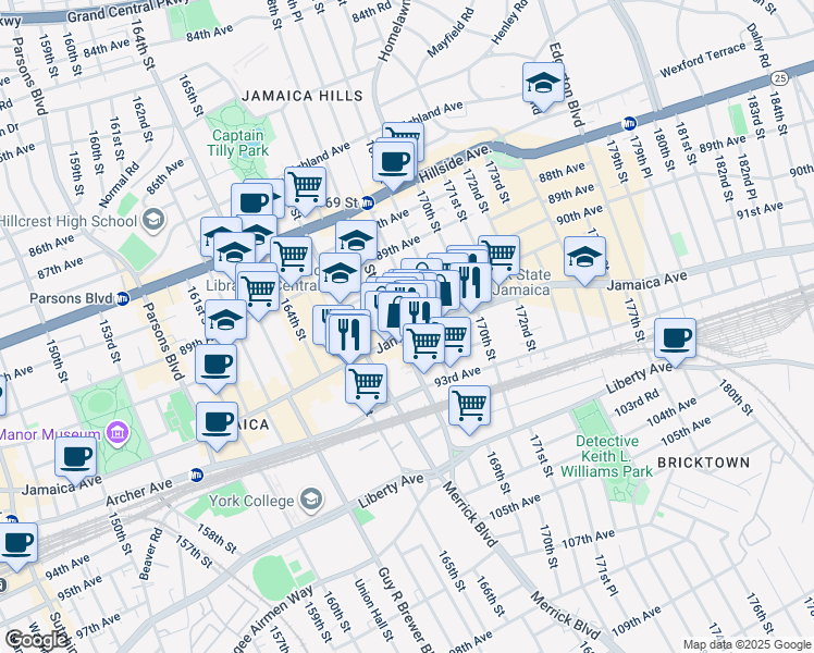 map of restaurants, bars, coffee shops, grocery stores, and more near 168-12 91st Avenue in Queens