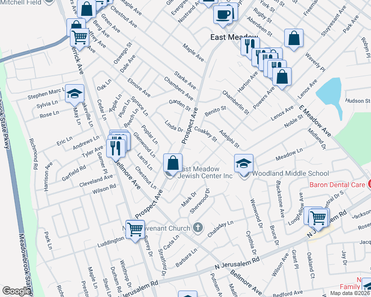map of restaurants, bars, coffee shops, grocery stores, and more near 1516 Prospect Avenue in East Meadow