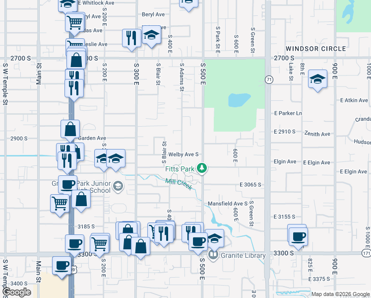map of restaurants, bars, coffee shops, grocery stores, and more near 2959 South Adams Street in South Salt Lake