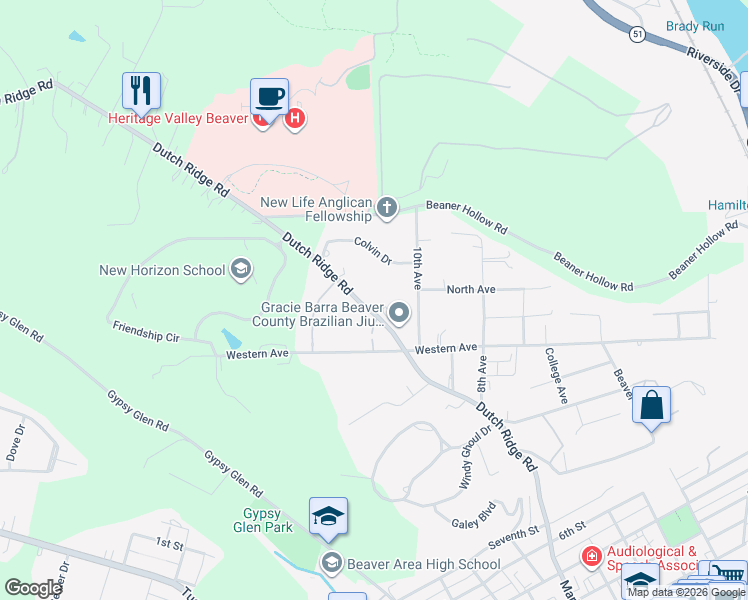 map of restaurants, bars, coffee shops, grocery stores, and more near 580 Dutch Ridge Road in Beaver