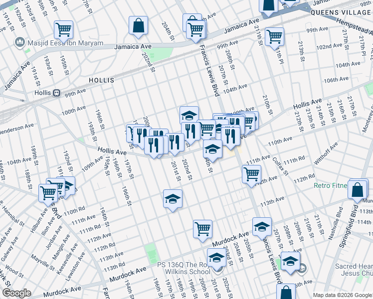 map of restaurants, bars, coffee shops, grocery stores, and more near 109-37 203rd Street in Queens