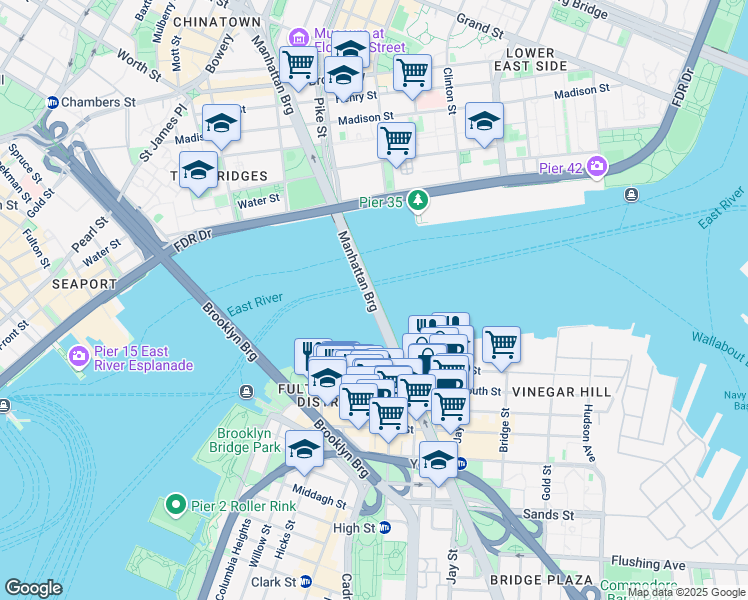 map of restaurants, bars, coffee shops, grocery stores, and more near Manhattan Bridge in New York