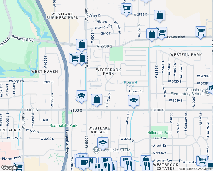 map of restaurants, bars, coffee shops, grocery stores, and more near 3454 Brookway Drive in West Valley City