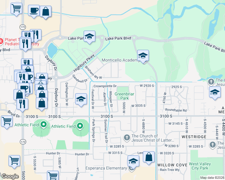 map of restaurants, bars, coffee shops, grocery stores, and more near 2928 Whisper Street in West Valley City