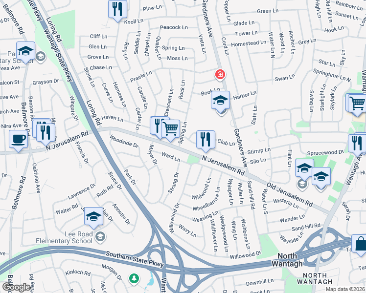 map of restaurants, bars, coffee shops, grocery stores, and more near 114 Haven Lane in Levittown