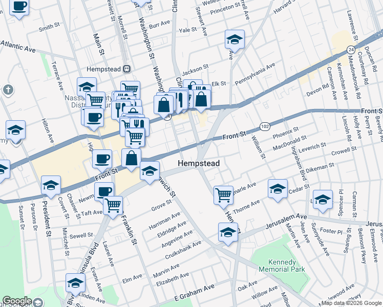map of restaurants, bars, coffee shops, grocery stores, and more near 40 Washington Street in Hempstead