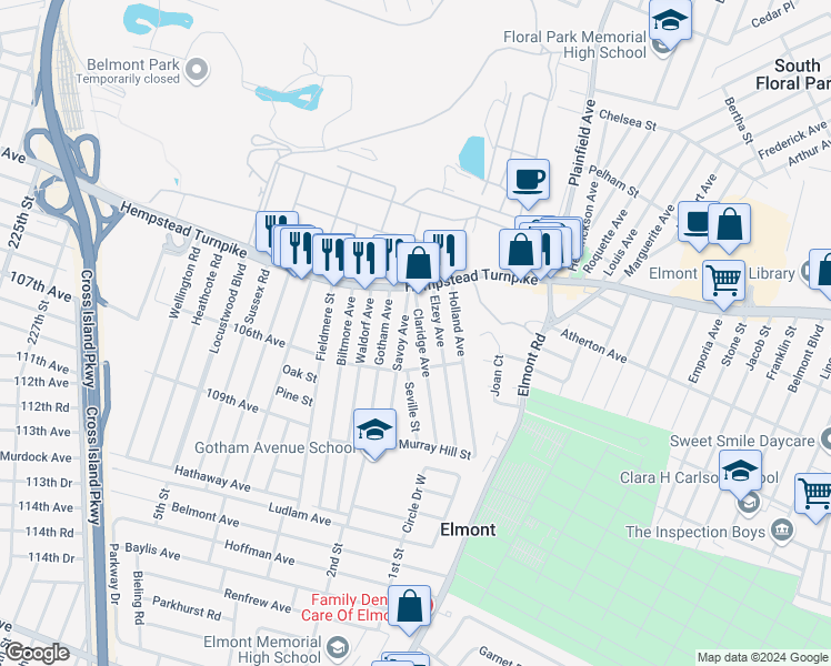 map of restaurants, bars, coffee shops, grocery stores, and more near 32 Claridge Avenue in Elmont