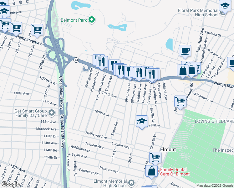 map of restaurants, bars, coffee shops, grocery stores, and more near 47 Sterling Road in Elmont