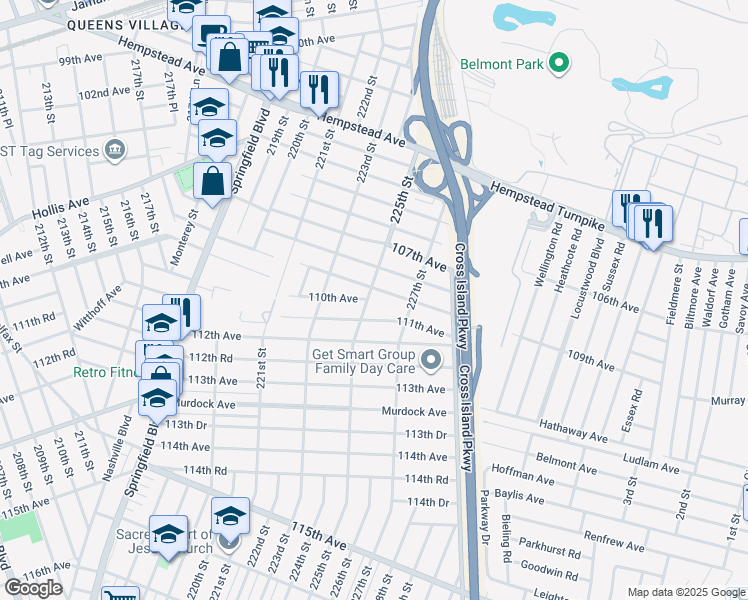 map of restaurants, bars, coffee shops, grocery stores, and more near 225-11 109th Avenue in Queens