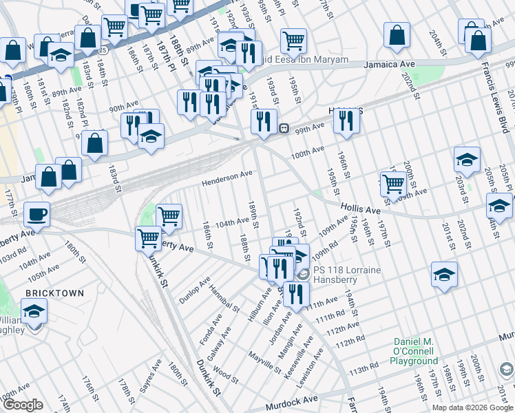 map of restaurants, bars, coffee shops, grocery stores, and more near 102-44 189th Street in Queens