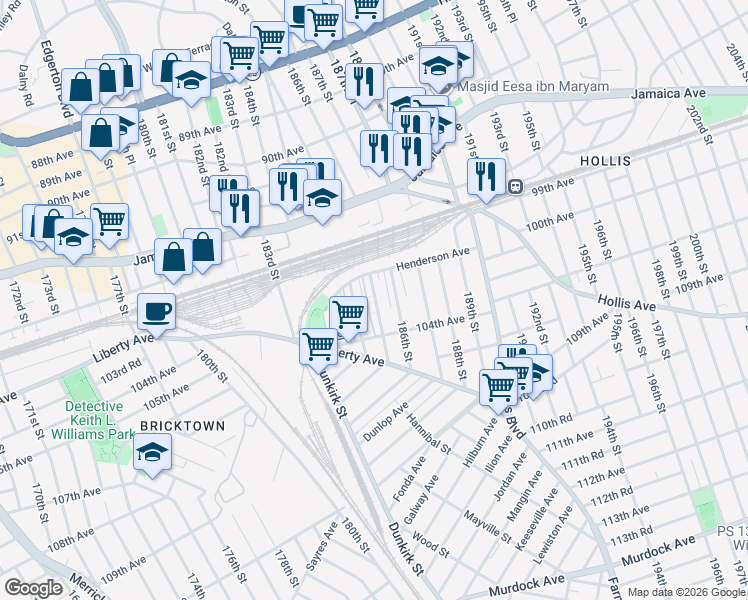 map of restaurants, bars, coffee shops, grocery stores, and more near 102-11 184th Street in Queens