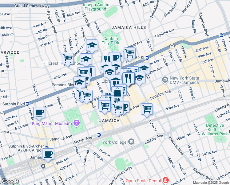 map of restaurants, bars, coffee shops, grocery stores, and more near 162-11 89th Avenue in Queens