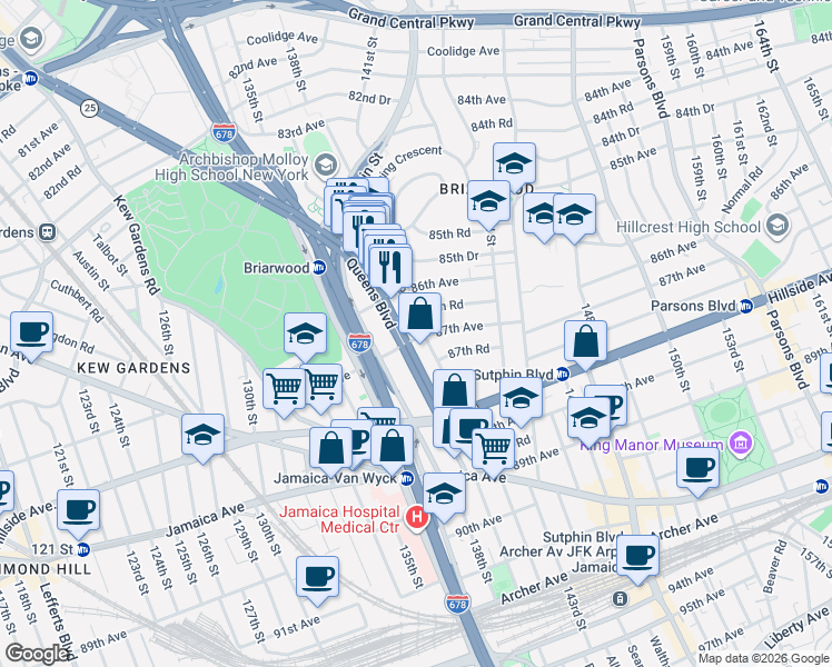 map of restaurants, bars, coffee shops, grocery stores, and more near in Queens