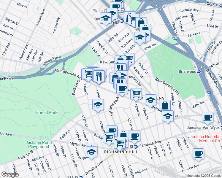 map of restaurants, bars, coffee shops, grocery stores, and more near 83-28 Abingdon Road in Queens