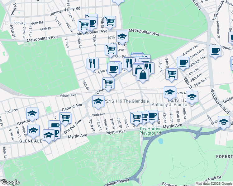 map of restaurants, bars, coffee shops, grocery stores, and more near 76-05 79th Street in Queens