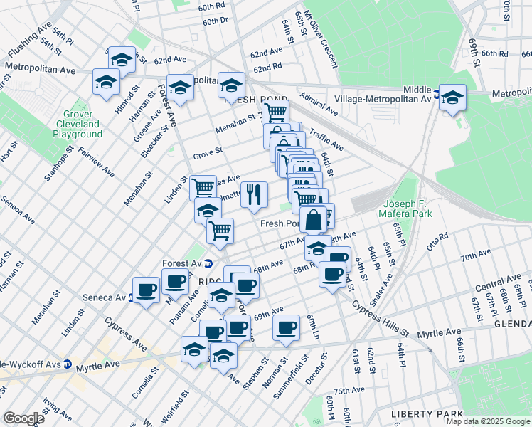 map of restaurants, bars, coffee shops, grocery stores, and more near 60-39 Madison Street in Queens