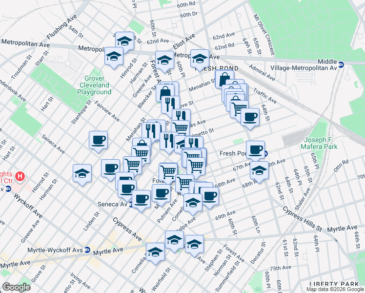 map of restaurants, bars, coffee shops, grocery stores, and more near in Queens