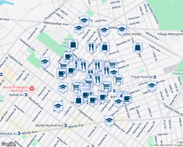 map of restaurants, bars, coffee shops, grocery stores, and more near 6-04 Fairview Avenue in Queens