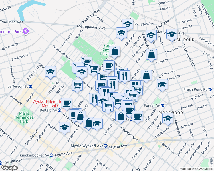 map of restaurants, bars, coffee shops, grocery stores, and more near 18-67 Greene Avenue in Queens