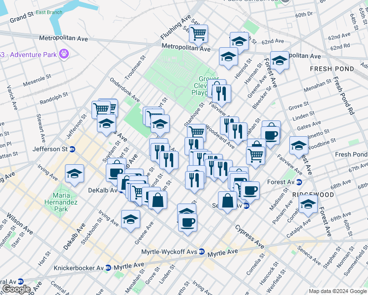 map of restaurants, bars, coffee shops, grocery stores, and more near 456 Onderdonk Avenue in Queens