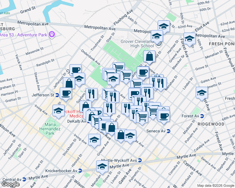 map of restaurants, bars, coffee shops, grocery stores, and more near in Queens