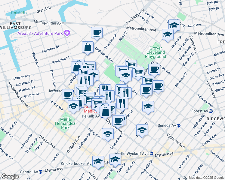map of restaurants, bars, coffee shops, grocery stores, and more near 17-43 Dekalb Avenue in Queens