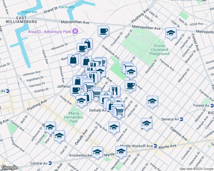 map of restaurants, bars, coffee shops, grocery stores, and more near in Brooklyn