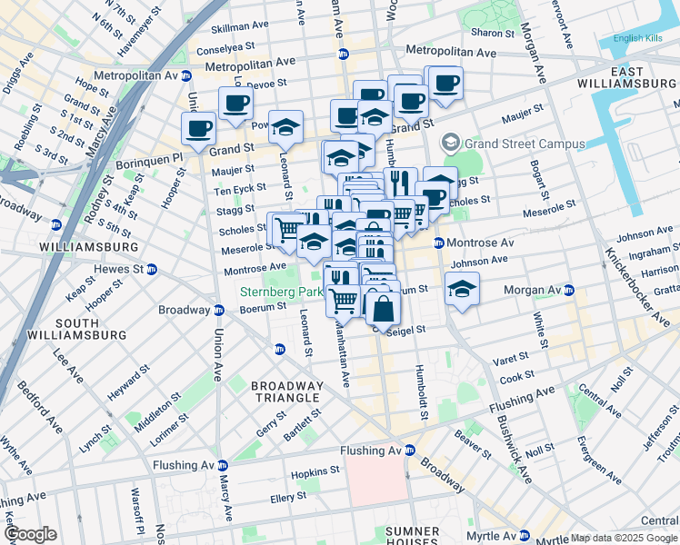map of restaurants, bars, coffee shops, grocery stores, and more near 138 Montrose Avenue in Brooklyn