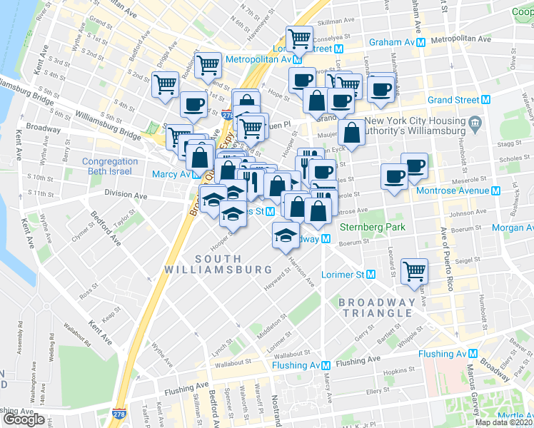 map of restaurants, bars, coffee shops, grocery stores, and more near in Brooklyn