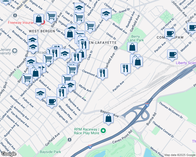 map of restaurants, bars, coffee shops, grocery stores, and more near 29 Claremont Avenue in Jersey City