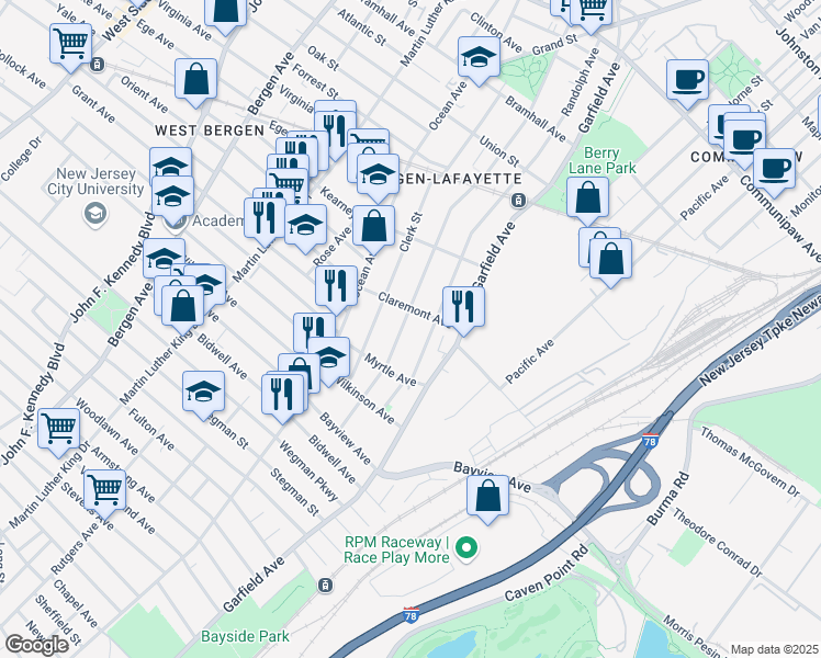map of restaurants, bars, coffee shops, grocery stores, and more near 143 Arlington Avenue in Jersey City