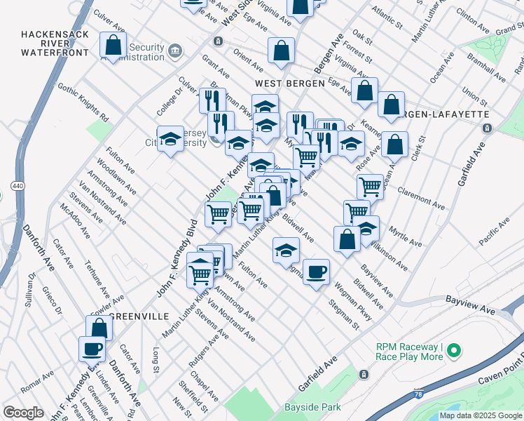 map of restaurants, bars, coffee shops, grocery stores, and more near 215 Bidwell Avenue in Jersey City