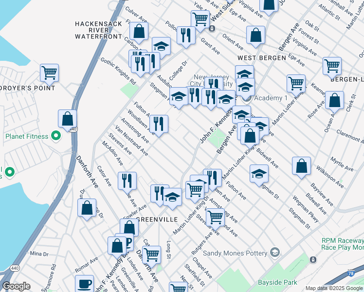 map of restaurants, bars, coffee shops, grocery stores, and more near 4 Westminster Avenue in Jersey City