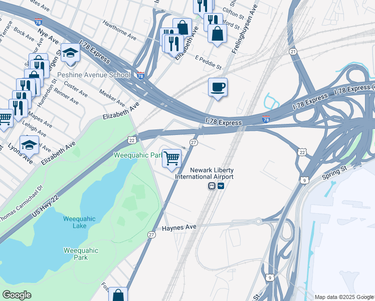 map of restaurants, bars, coffee shops, grocery stores, and more near 407 Frelinghuysen Avenue in Newark