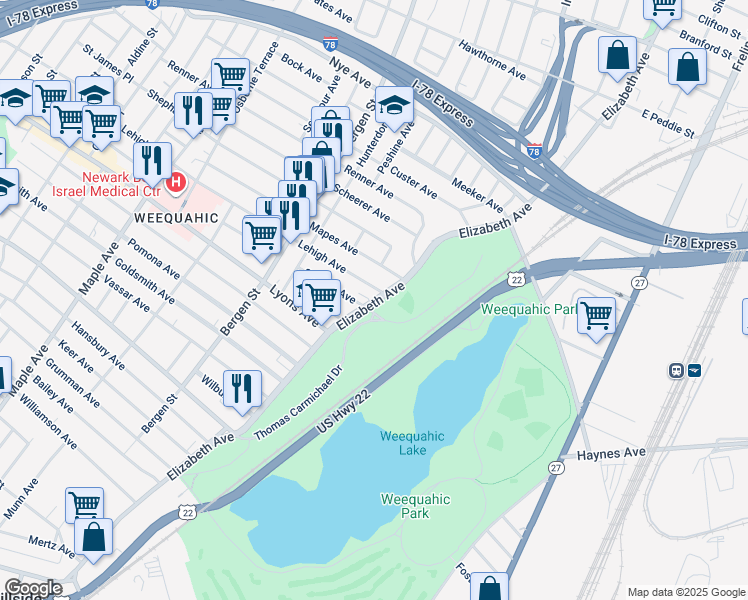 map of restaurants, bars, coffee shops, grocery stores, and more near in Newark