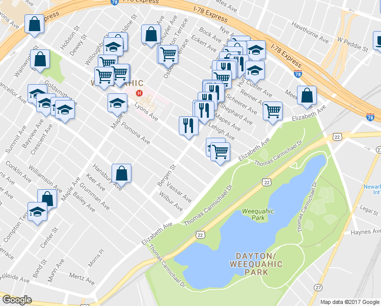 map of restaurants, bars, coffee shops, grocery stores, and more near 75 Weequahic Avenue in Newark