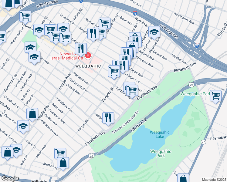 map of restaurants, bars, coffee shops, grocery stores, and more near 75 Weequahic Avenue in Newark