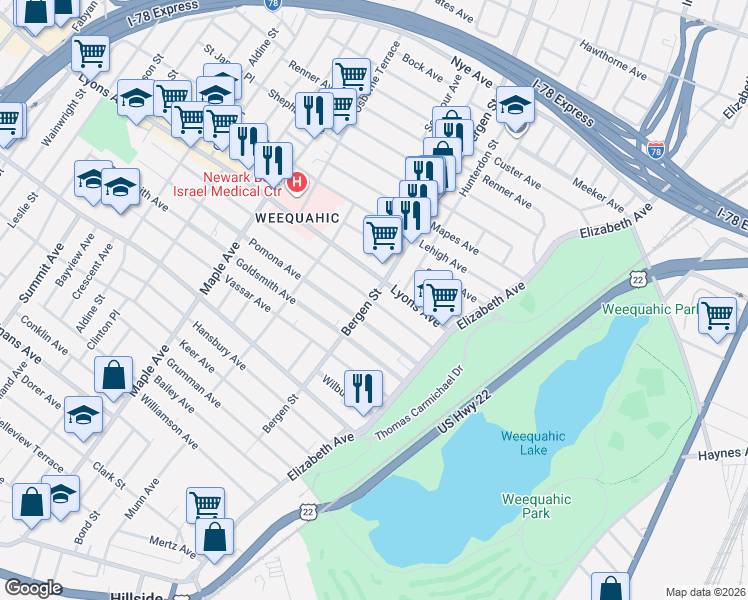 map of restaurants, bars, coffee shops, grocery stores, and more near 75 Weequahic Avenue in Newark
