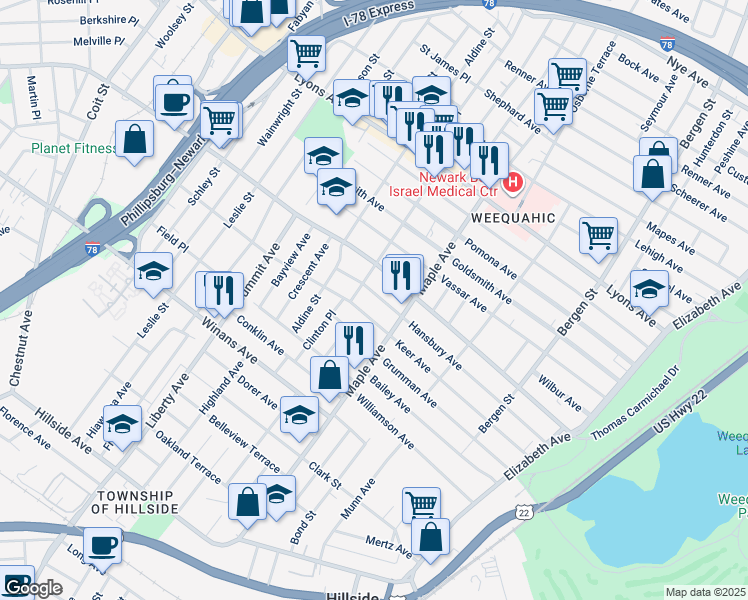 map of restaurants, bars, coffee shops, grocery stores, and more near 205 Hansbury Avenue in Newark