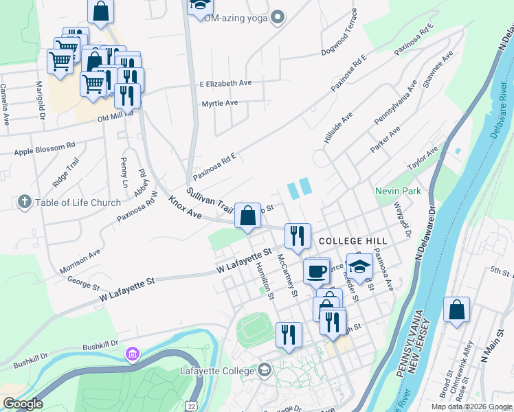 map of restaurants, bars, coffee shops, grocery stores, and more near 537 Raub Street in Easton