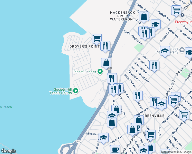 map of restaurants, bars, coffee shops, grocery stores, and more near 98 Society Hill Drive North in Jersey City