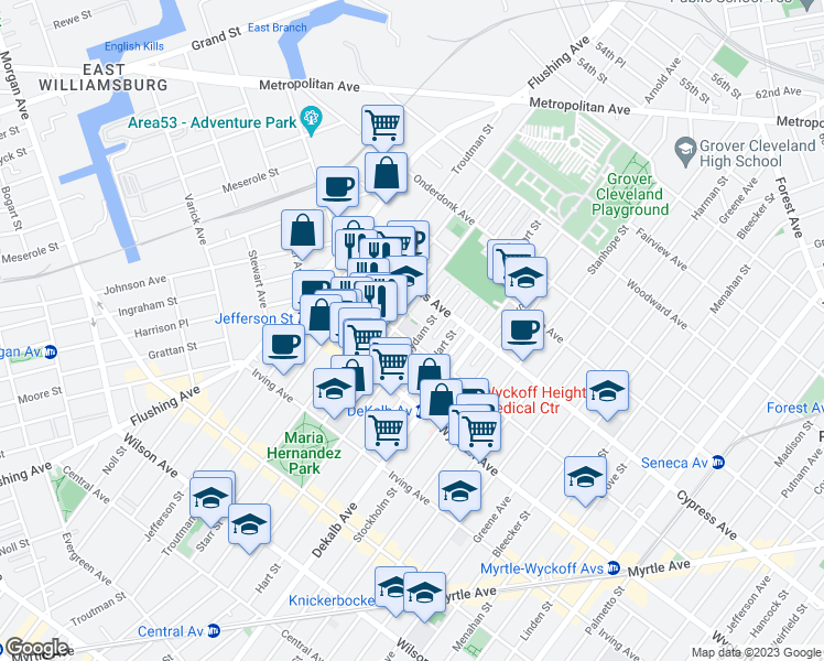 map of restaurants, bars, coffee shops, grocery stores, and more near 1390 Willoughby Avenue in Brooklyn