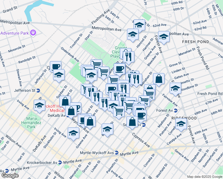 map of restaurants, bars, coffee shops, grocery stores, and more near 456 Onderdonk Avenue in Queens