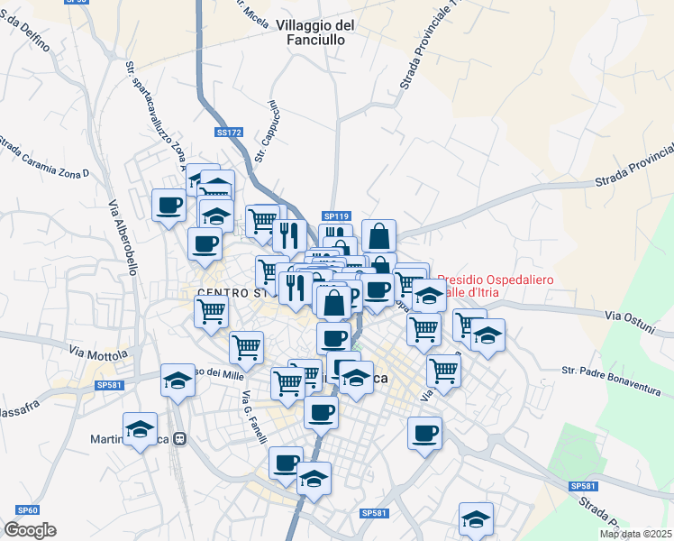 map of restaurants, bars, coffee shops, grocery stores, and more near 98 Via Valle D'Itria in Martina Franca