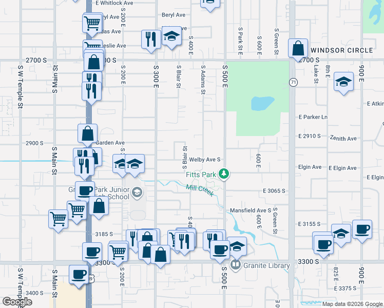 map of restaurants, bars, coffee shops, grocery stores, and more near 395 Welby Avenue South in South Salt Lake